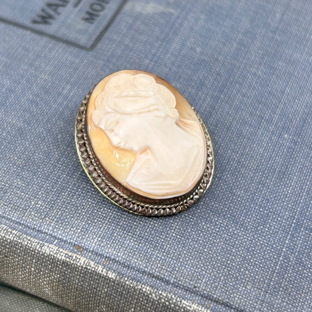 Vintage Italy Cameo Carnelian Brooch Pendant Real Shell Carved Plated